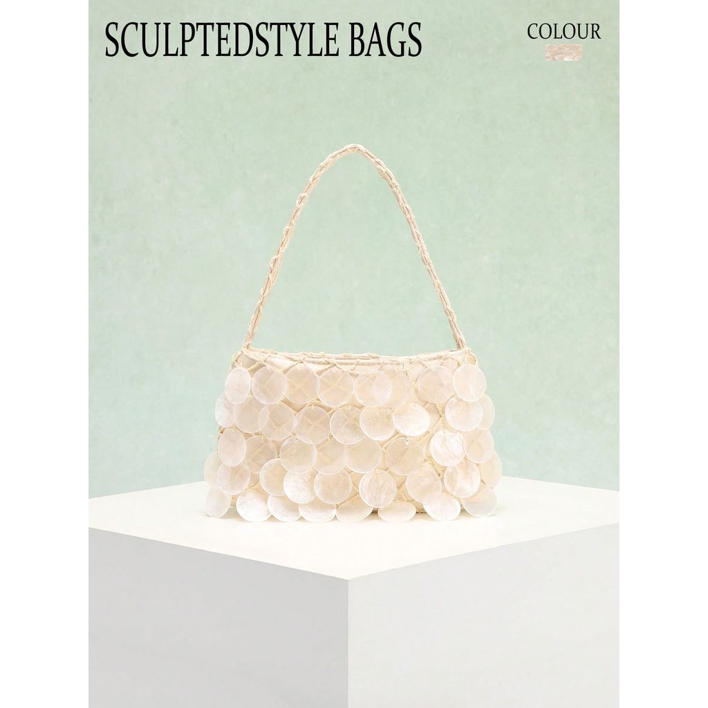 1pc Beige Natural Shell Slice Decor Women's Handbag  Boho Handmade Mermaid Shell Slice Vacation Styl