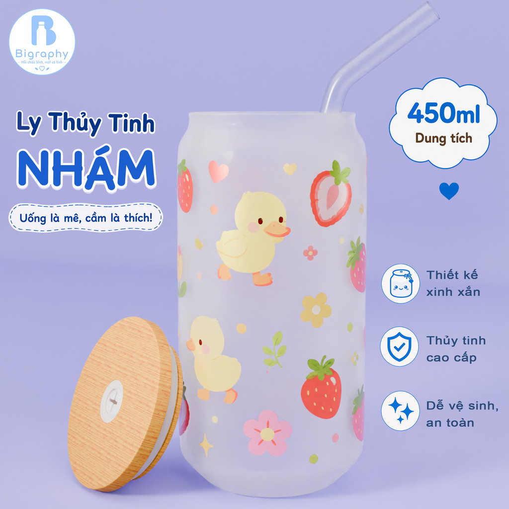 Ly Thủy Tinh Nhám Vịt Con Dâu Tây Kawaii Hoa Lá Phong Cách Pastel Ly Uống Nước Xinh Xắn