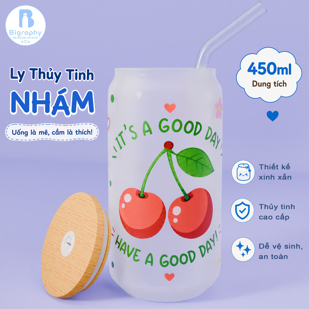Ly Thủy Tinh Nhám Họa Tiết Cherry Kèm Chữ It's A Good Day Have A Good Day Dễ Thương Quà Tặng