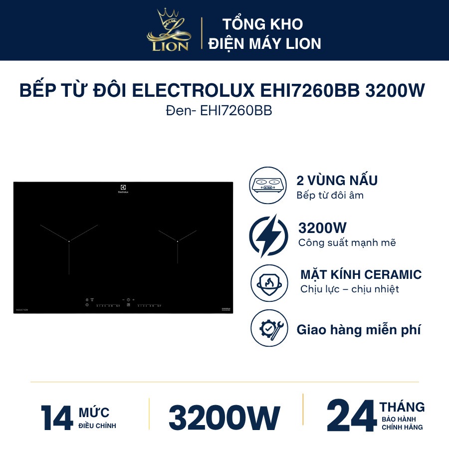 Bếp từ đôi Electrolux EHI7260BB 3200W Mặt kính Eurokera 14 mức công suất chính hãng bảo hành 24 thán