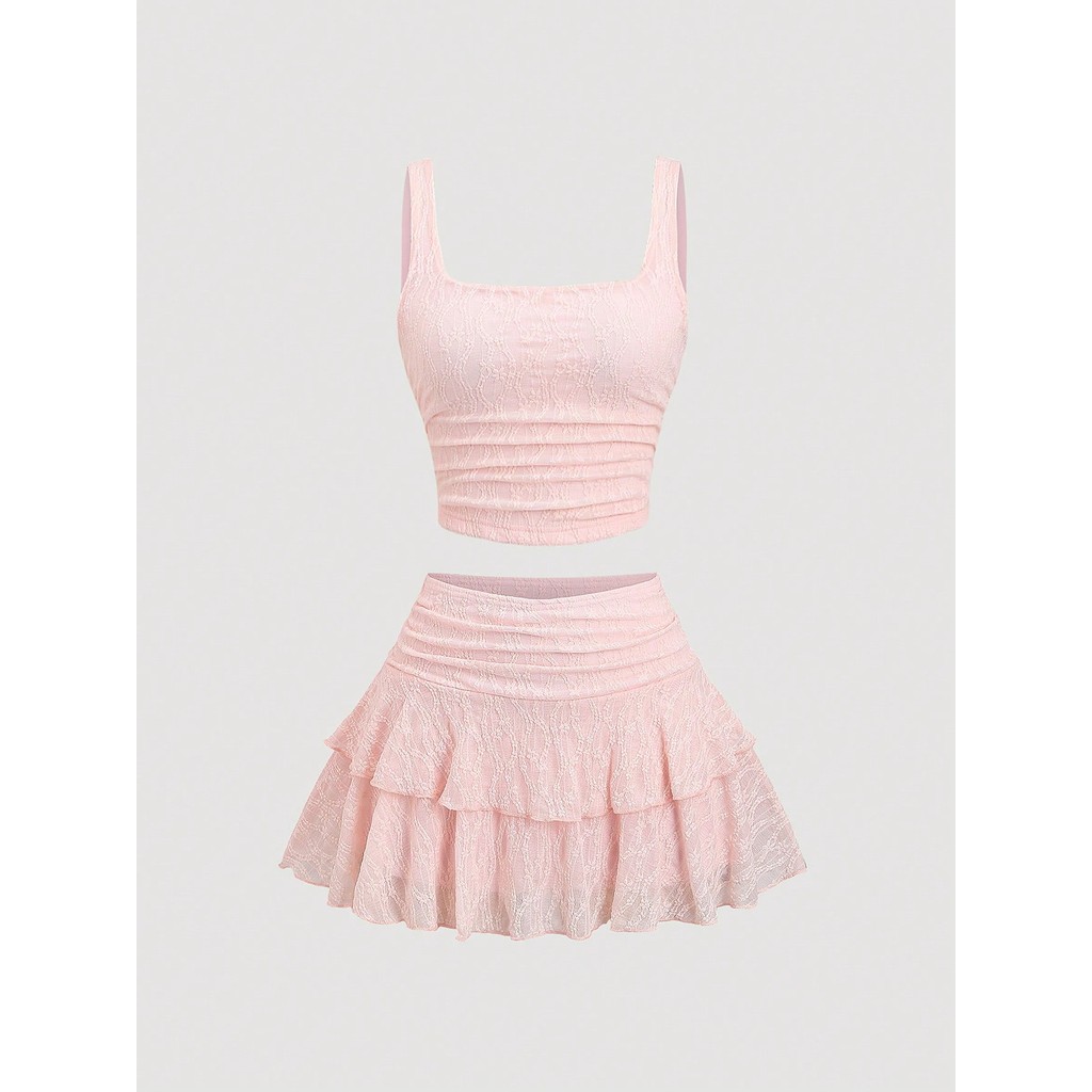 [Bigsize / Order] Sweetra Women's Pink Lace Two Pieces Skirt Set: Chic Summer Vacation Outfit Summer