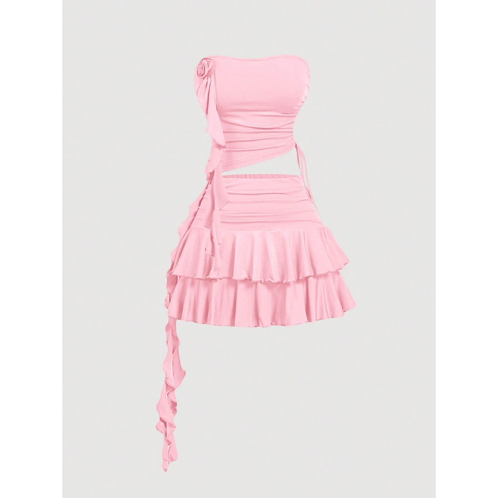 [Bigsize / Order] MOD 2pcs Set Pink Cute 3D Flower Women Apparel Valentine's Day Outfit, Date Wear