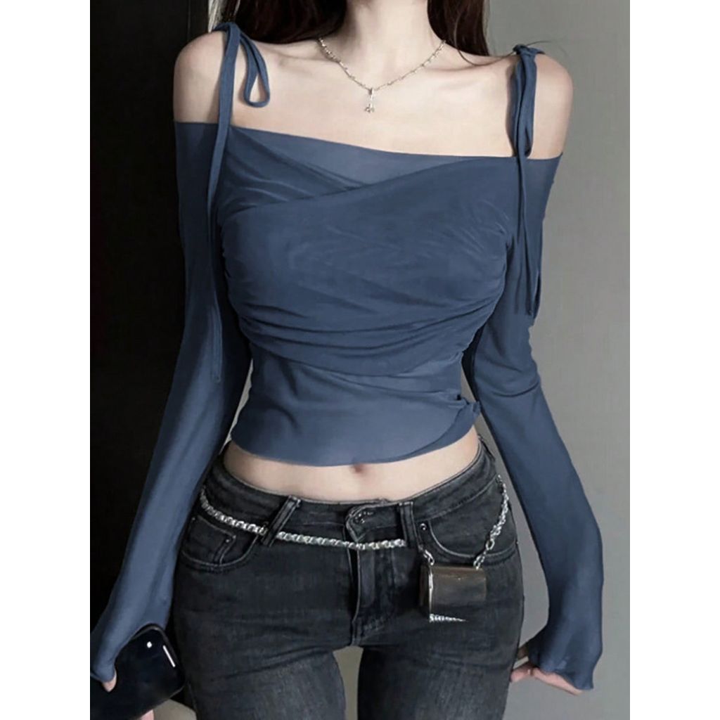 [Bigsize / Order] DAZY 1pc Women Solid Color Pleated Spaghetti Strap Mesh Bodycon Long Sleeve T-Shir