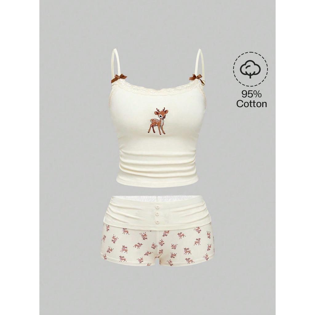 [Bigsize / Order] ROMWE J-Fashion Cute Deer Embroidered Lace Blouse With Matching Deer Print Shorts 