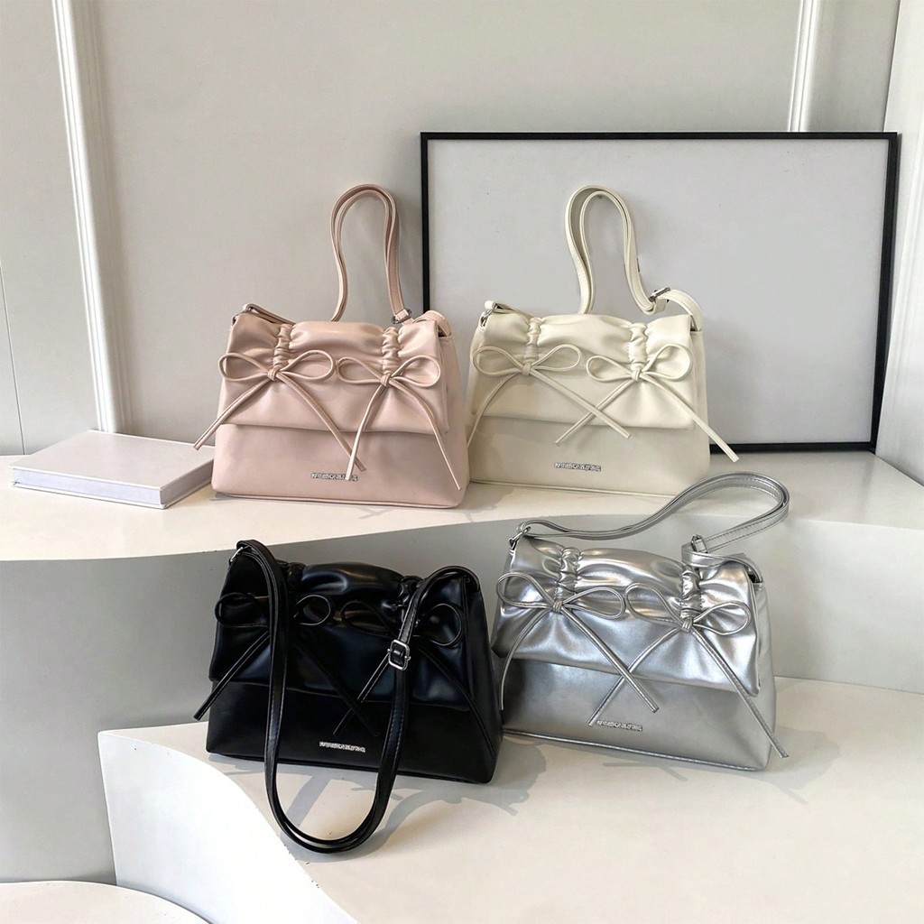 KBN Túi Đeo Vai Nắp Gập Da Nhún Xếp Ly Thắt Nơ Hai Bên - Coquette Pleated Drawstring Shoulder Bag