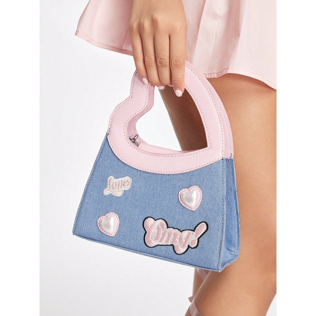 Túi Xách Tay Chất Jean Phong Cách Y2K Phối Hình Thêu Siêu Xinh - Y2K Denim Handbag With Cute Embroid