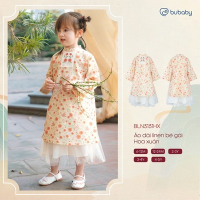 Áo dài linen bé gái Hoa xuân BU Baby BLN3131HX