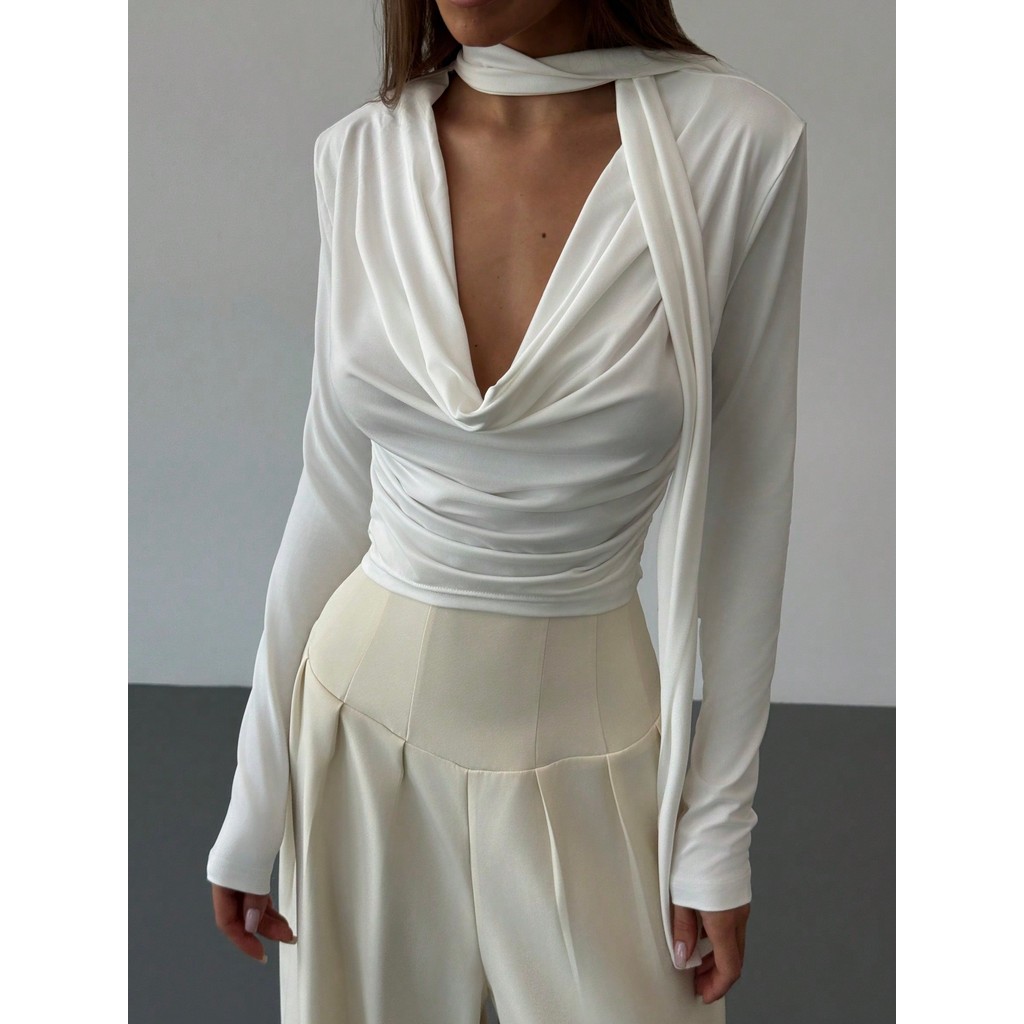 [Bigsize / Order] Aloruh 1pc Women's Minimalist Elegant Ruffled Collar Shirred Detail Long Sleeve Bo