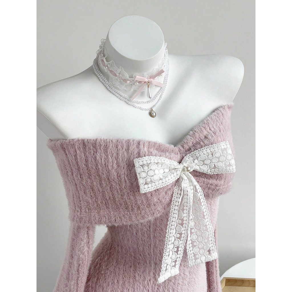 [Bigsize / Order] Elamini 1pc White One-Shoulder Backless Faux Mohair Ribbed Knit Butterfly Pearl De