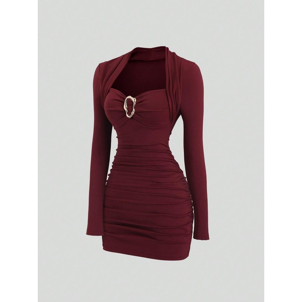 [Bigsize / Order] Sweetra New Elegant Party Cocktail Dress Burgundy Color With Metal Decor, Fitted S