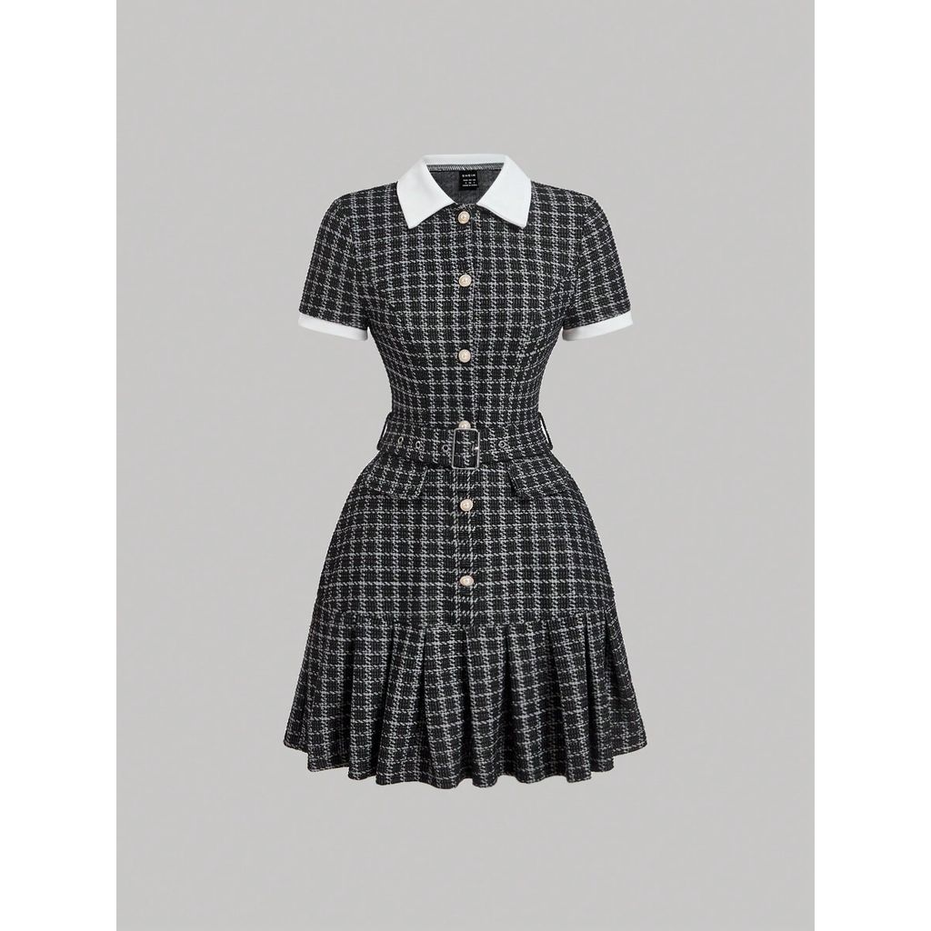[Bigsize / Order] MOD Vintage Plaid Patchwork Ruched Short Sleeve Dress Back To School Clothes Schoo