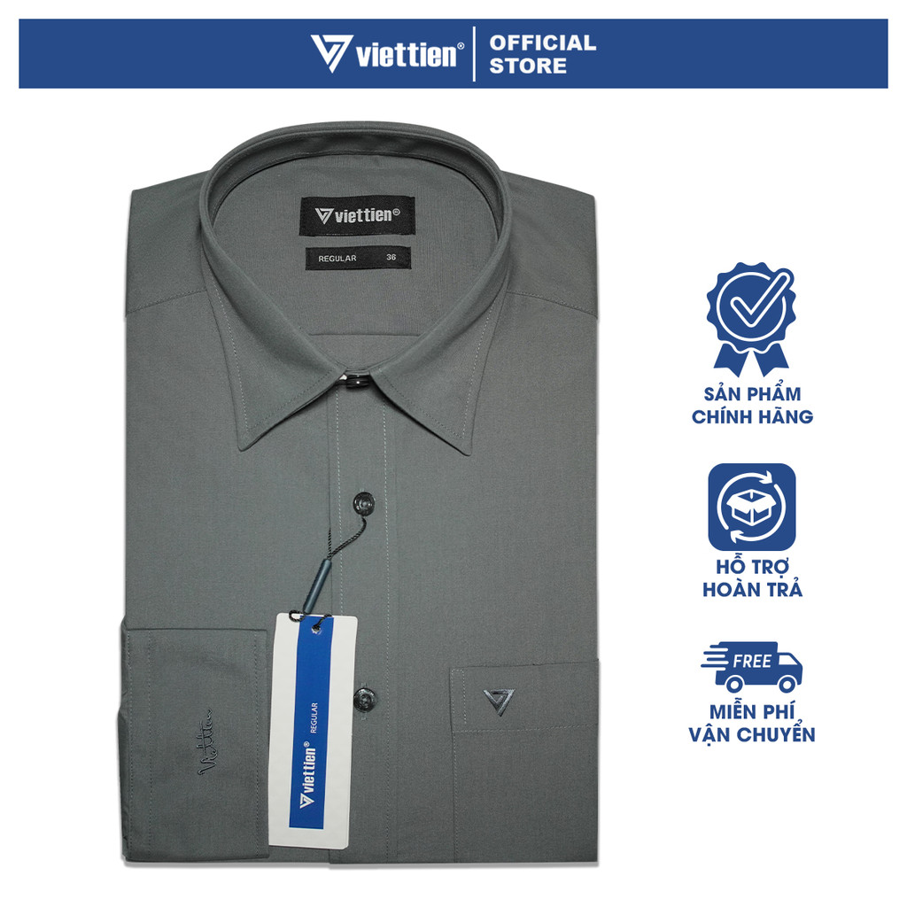 VIETTIEN SALE - Áo Sơ Mi VIETTIEN Dài Tay, Xám Đậm, Họa Tiết Trơn, Form Regular Lai Bầu