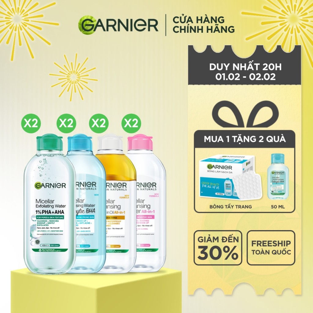 Bộ 2 nước Tẩy Trang làm sạch sâu dịu nhẹ cho mọi loại da (dầu, thường, khô, nhạy cảm) -Garnier Micel
