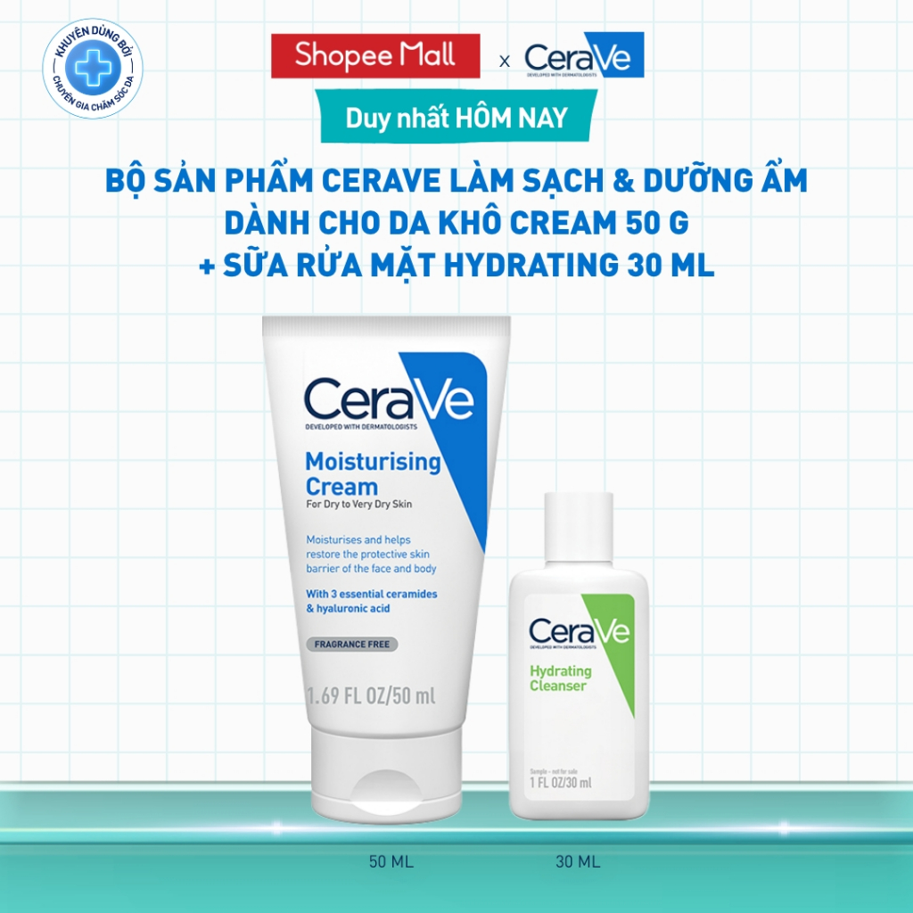 [VB] Bộ sản phẩm CeraVe làm sạch & dưỡng ẩm dành cho da khô Cream 50g + SRM Hydrating 30ml