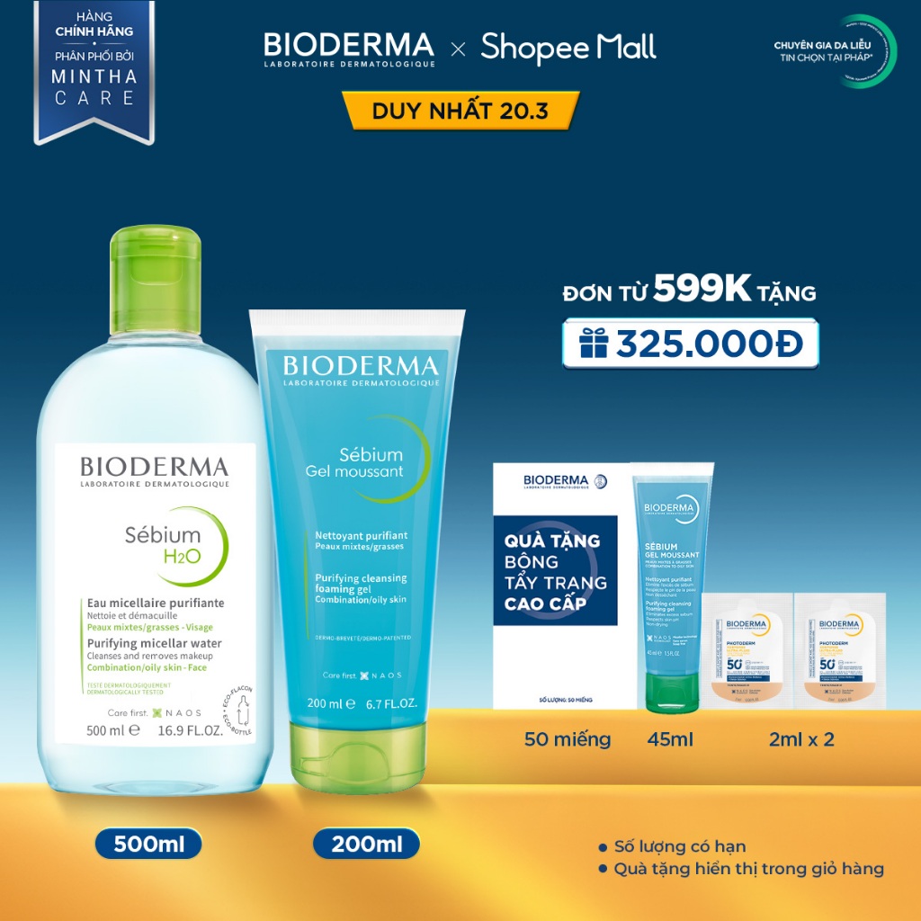 [BIODERMA] Bộ đôi nước tẩy trang Sebium H2O 500ml và Gel rửa mặt tạo bọt Sebium Gel Moussant 200ml (Tuýp) | BigBuy360 - bigbuy360.vn