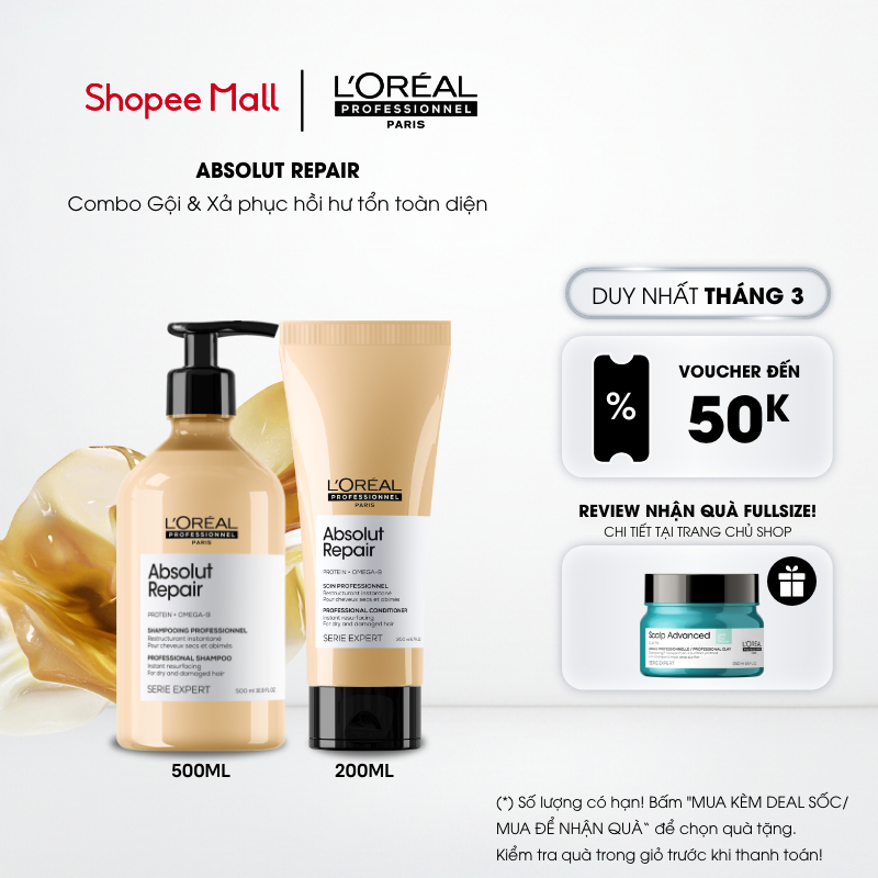 Combo Dầu gội 500ml và Dầu xả dưỡng tóc mềm mượt & phục hồi hư tổn toàn diện chuyên nghiệp Absolut Repair