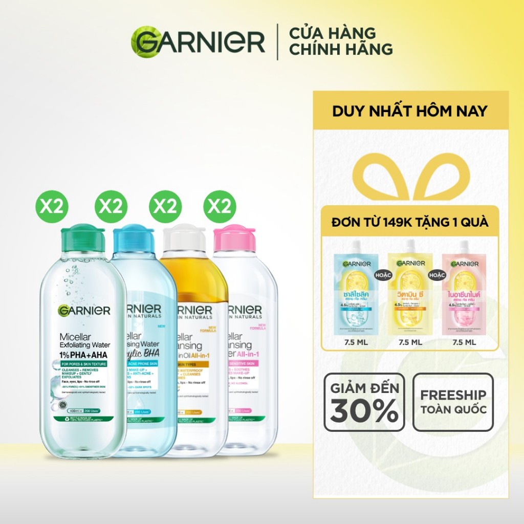 Bộ 2 nước Tẩy Trang làm sạch sâu dịu nhẹ cho mọi loại da (dầu, thường, khô, nhạy cảm) -Garnier Micel