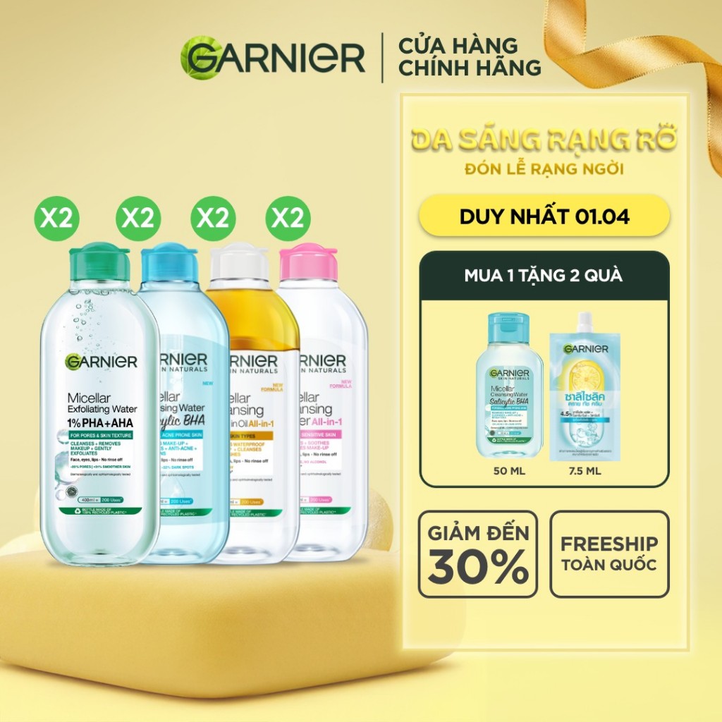 Bộ 2 nước Tẩy Trang làm sạch sâu dịu nhẹ cho mọi loại da (dầu, thường, khô, nhạy cảm) -Garnier Micel