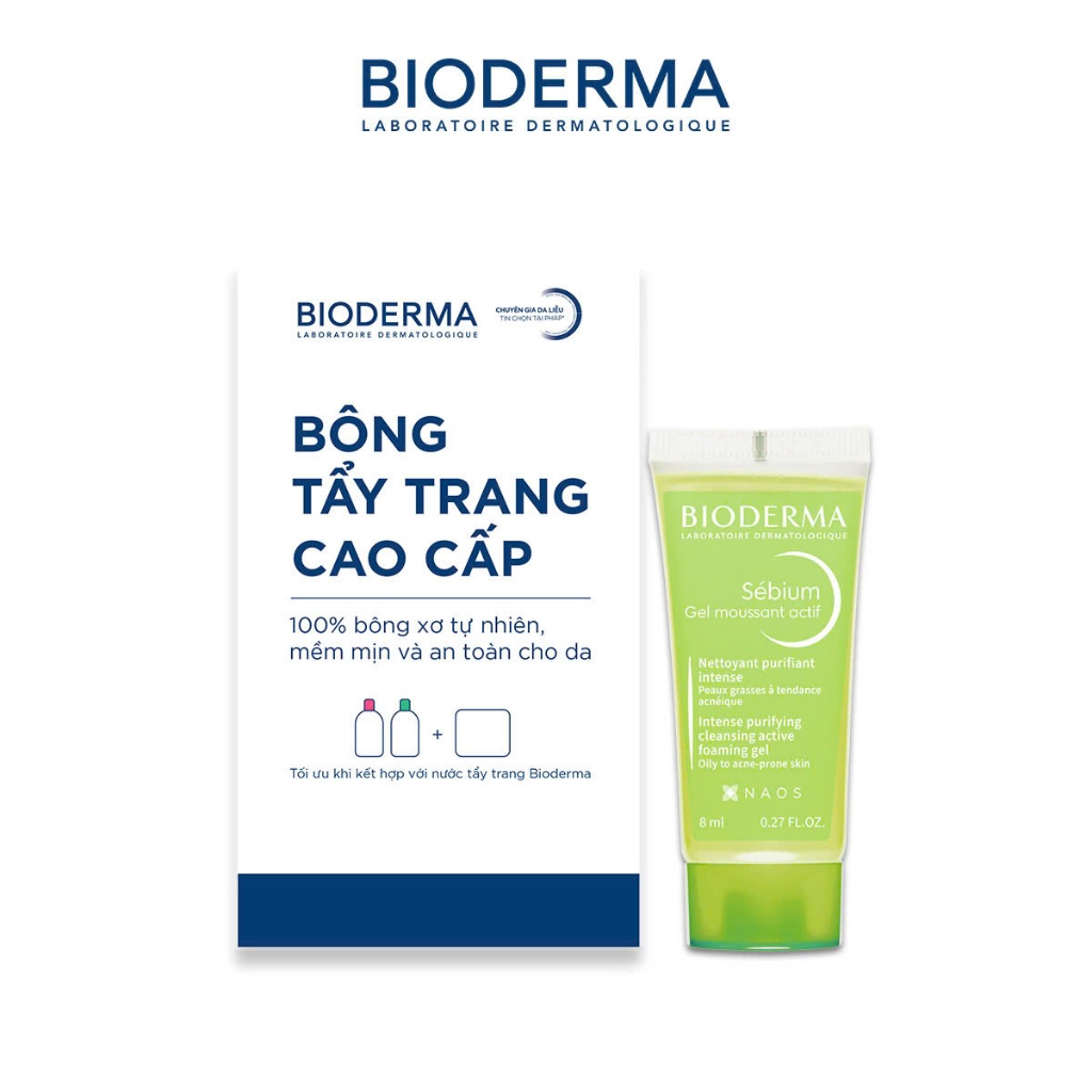 [QUÀ TẶNG KHÔNG BÁN] Combo hộp bông tẩy trang cao cấp 50 miếng và gel rửa mặt Bioderma Sebium Gel moussant actif 8ml