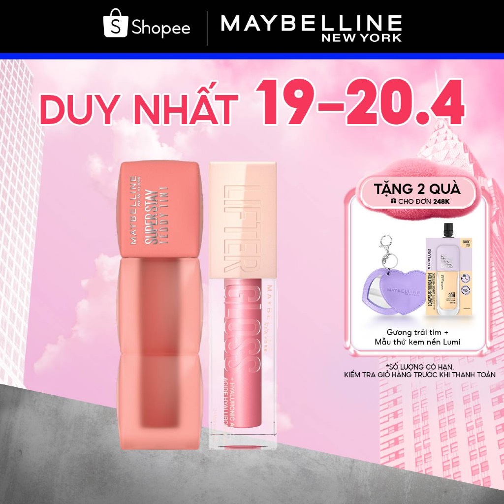 [Bộ trang điểm] Son Bóng Lifter Gloss Môi Đầy Căng Mọng và Son Kem Bông Bền Màu Superstay Teddy Tint Maybelline New York