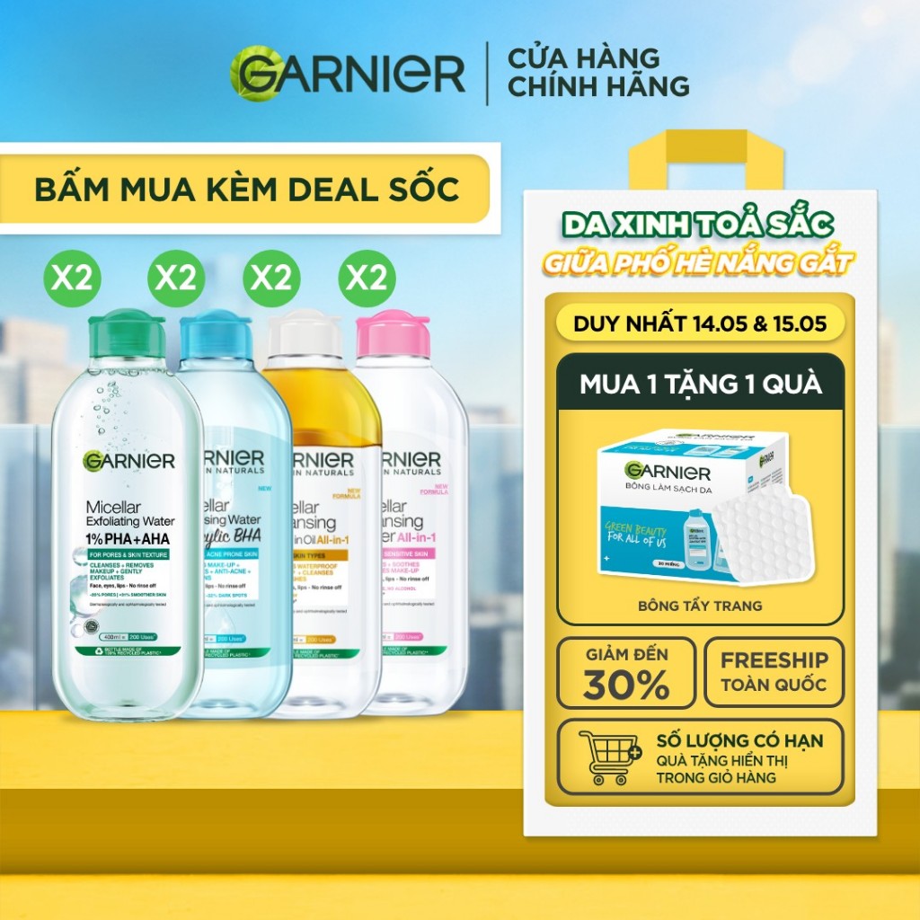 Bộ 2 nước Tẩy Trang làm sạch sâu dịu nhẹ cho mọi loại da (dầu, thường, khô, nhạy cảm) -Garnier Micel