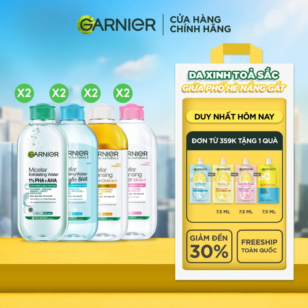 Bộ 2 nước Tẩy Trang làm sạch sâu dịu nhẹ cho mọi loại da (dầu, thường, khô, nhạy cảm) -Garnier Micel