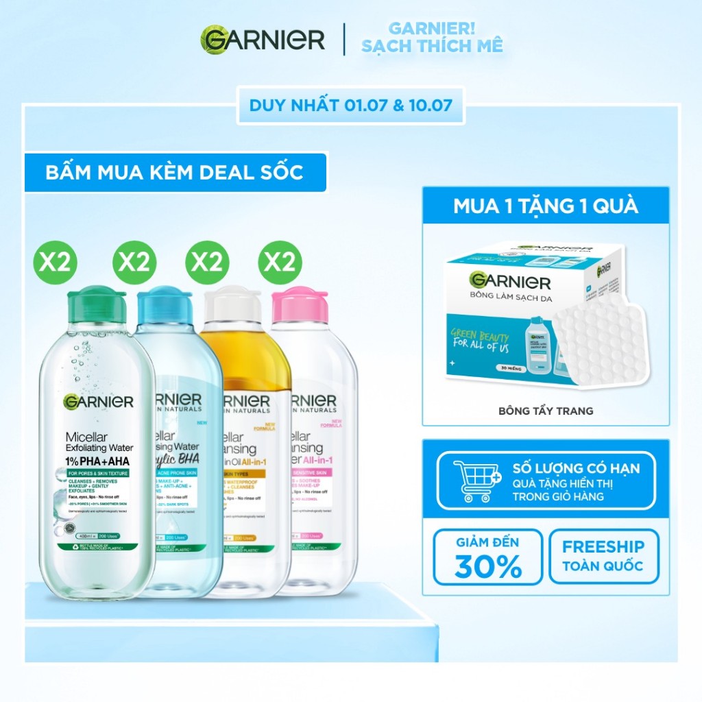 Bộ 2 nước Tẩy Trang làm sạch sâu dịu nhẹ cho mọi loại da (dầu, thường, khô, nhạy cảm) -Garnier Micellar Cleansing Water