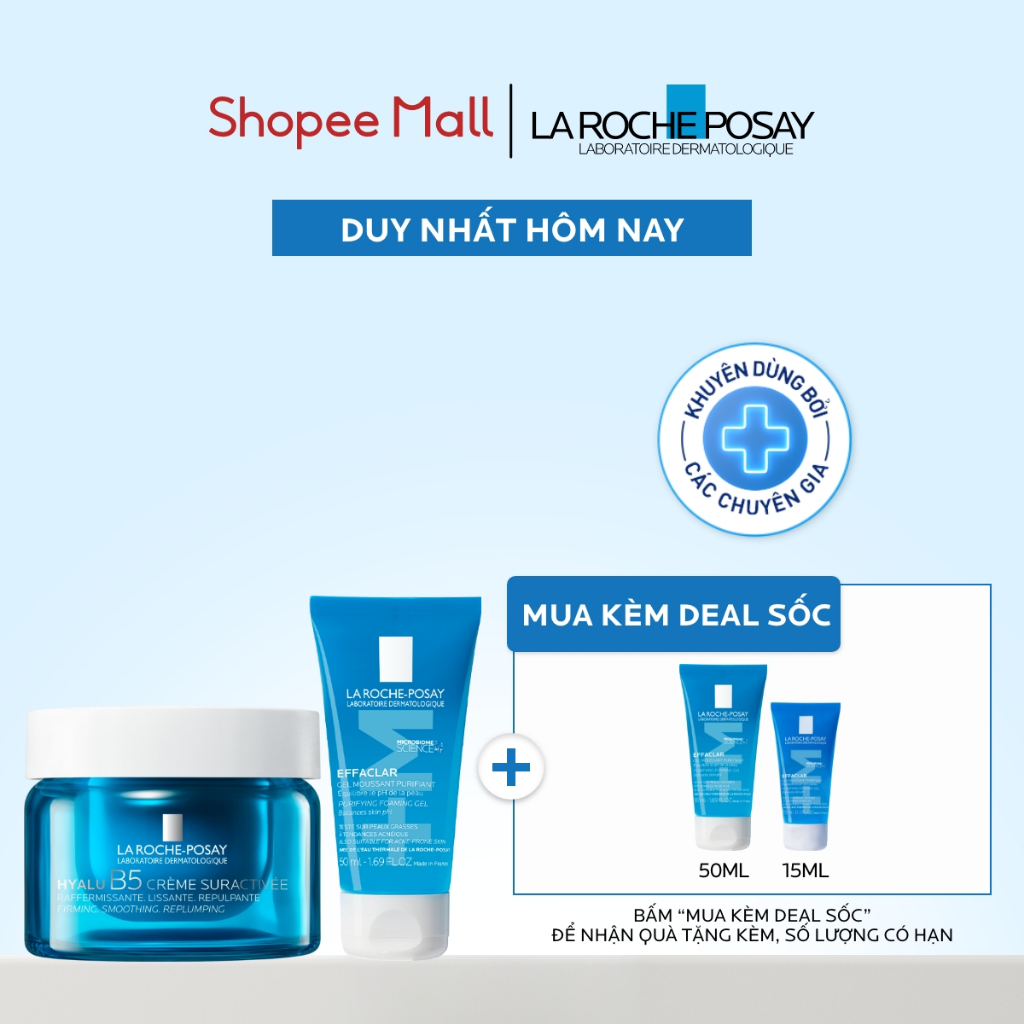 [VB HO Gel] Bộ đôi làm sạch, dưỡng ẩm và mờ nếp nhăn La Roche-Posay Hyalu B5 Suractivated Cream 50ml