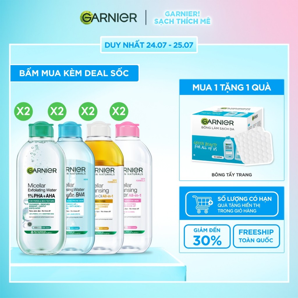 Bộ 2 nước Tẩy Trang làm sạch sâu dịu nhẹ cho mọi loại da (dầu, thường, khô, nhạy cảm) -Garnier Micel