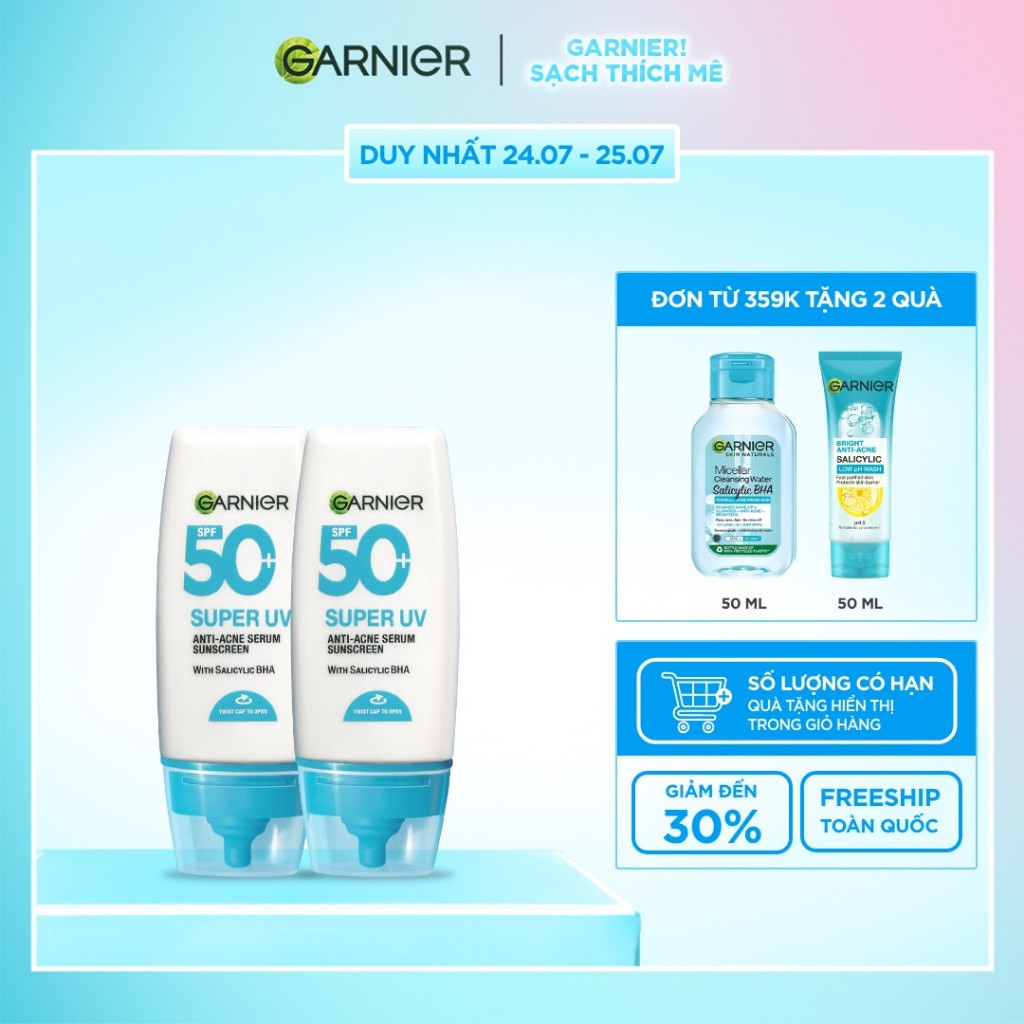 Bộ 2 Kem Chống Nắng Garnier Phổ Rộng 12h Kiềm Dầu & Hỗ Trợ Giảm Mụn SPF 50+PA++++ 30mlX2 - Kit