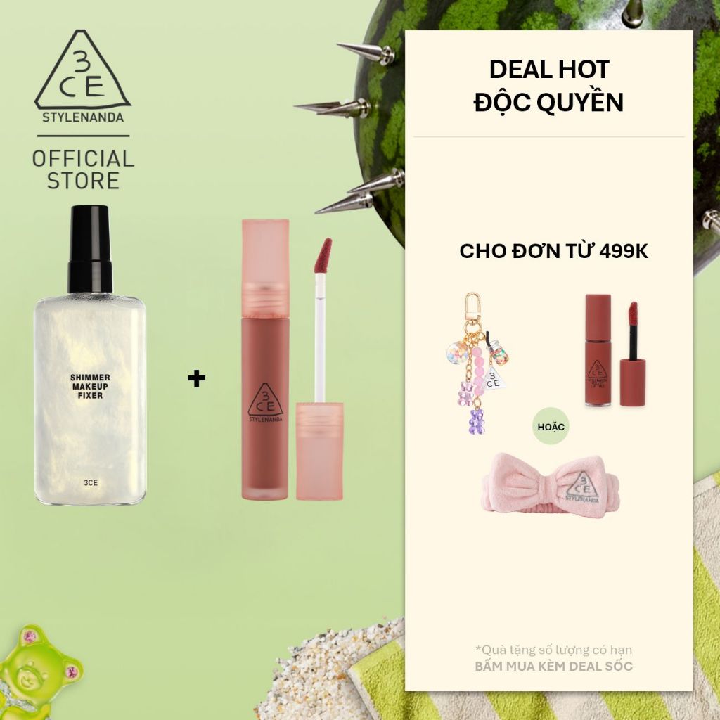 3CE Combo Son Blur Water Tint  & Chai Xịt Cố Định Lớp Trang Điểm Shimmer Make Up Fixer