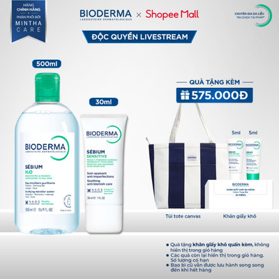 [BIODERMA - ĐÃ KÈM KHĂN GIẤY KHÔ 2026] Bộ đôi nước tẩy trang Sebium H2O 500ml và kem dưỡng giảm mụn viêm Sensitive 30ml