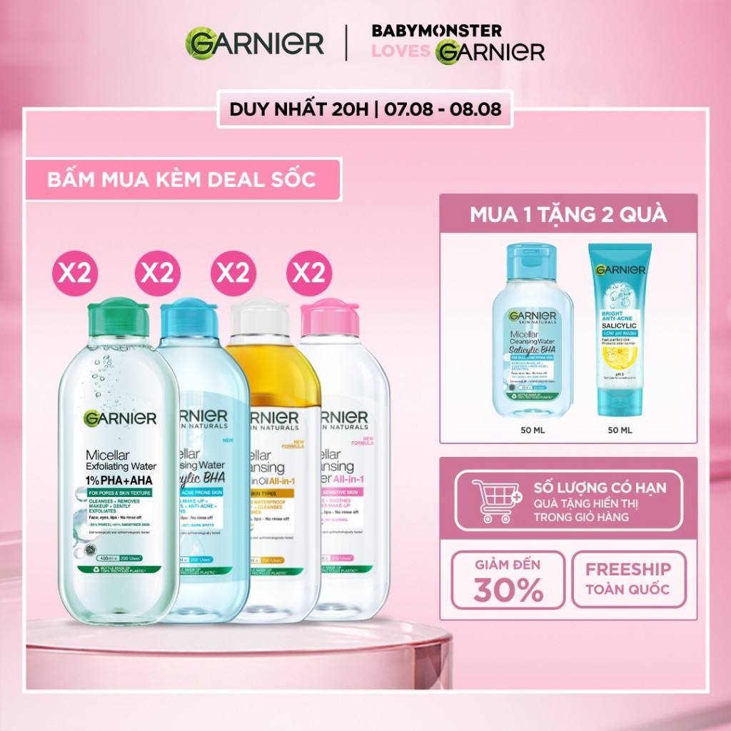 Bộ 2 nước Tẩy Trang làm sạch sâu dịu nhẹ cho mọi loại da (dầu, thường, khô, nhạy cảm) -Garnier Micellar Cleansing Water
