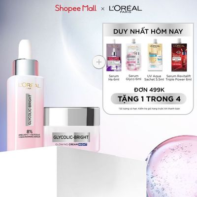 VB_ Bộ chăm sóc dưỡng sáng da, mờ thâm Serum Glycolic melasyl 8% 30ml & Kem đêm Glycolic Bright L'Oreal Paris 50ml