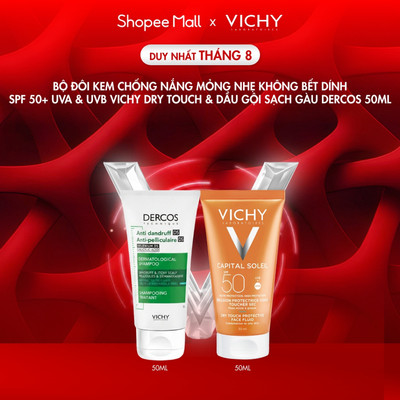 [VB HO] Bộ đôi Kem chống nắng mỏng nhẹ không bết dính SPF 50+ UVA & UVB Vichy Dry Touch & Dầu gội sạch gàu Dercos 50ml