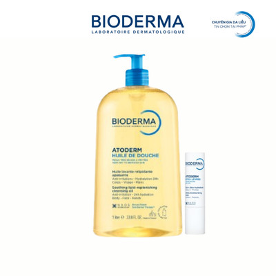 [BIODERMA] Bộ đôi dầu tắm làm sạch, làm dịu và dưỡng ẩm Huile De Douche 1L và son dưỡng môi khô Atoderm Stick Levres 4g