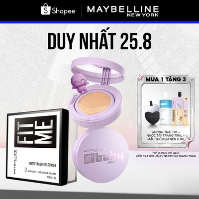 [Bộ trang điểm]Phấn nước Superstay Baby Matte Cushion và Phấn phủ bột FitMe Mattifying Setting Powder Maybelline NewYork