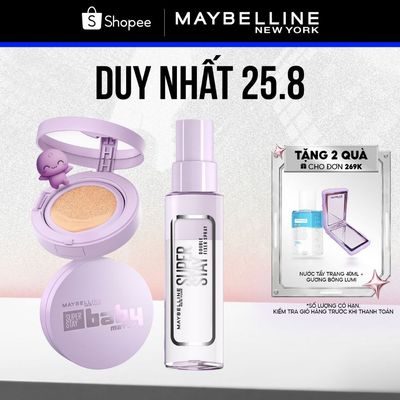 [Bộ trang điểm]Phấn nước Superstay 24H BabyMatte Cushion và Xịt khóa nền Superstay Double Fixer Spray Maybelline NewYork