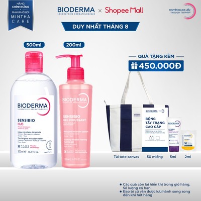 [BIODERMA] Bộ đôi nước tẩy trang Bioderma Sensibio H2O 500ml và Gel rửa mặt tạo bọt Sensibio Gel Moussant 200ml