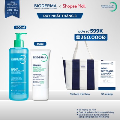 [BIODERMA] Bộ đôi gel rửa mặt tạo bọt Sebium Gel Moussant 400ml và kem dưỡng giảm mụn viêm nhạy cảm Sensitive 30ml