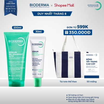 [BIODERMA] Bộ đôi gel rửa mặt làm sạch Bioderma Sébium Gel moussant actif 200ml và kem dưỡng giảm mụn nhẹ Kerato+ 30ml