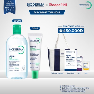 [BIODERMA] Bộ đôi nước tẩy trang Bioderma Sebium H2O 500ml và kem dưỡng giảm mụn nhẹ, trung bình Sebium Kerato+ 30ml
