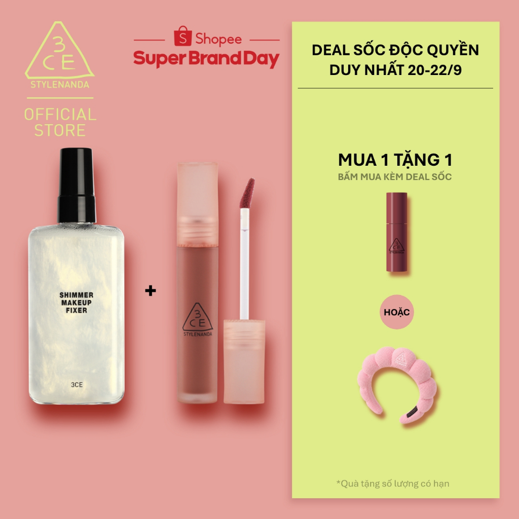 3CE Combo Son Blur Water Tint  & Chai Xịt Cố Định Lớp Trang Điểm Shimmer Make Up Fixer