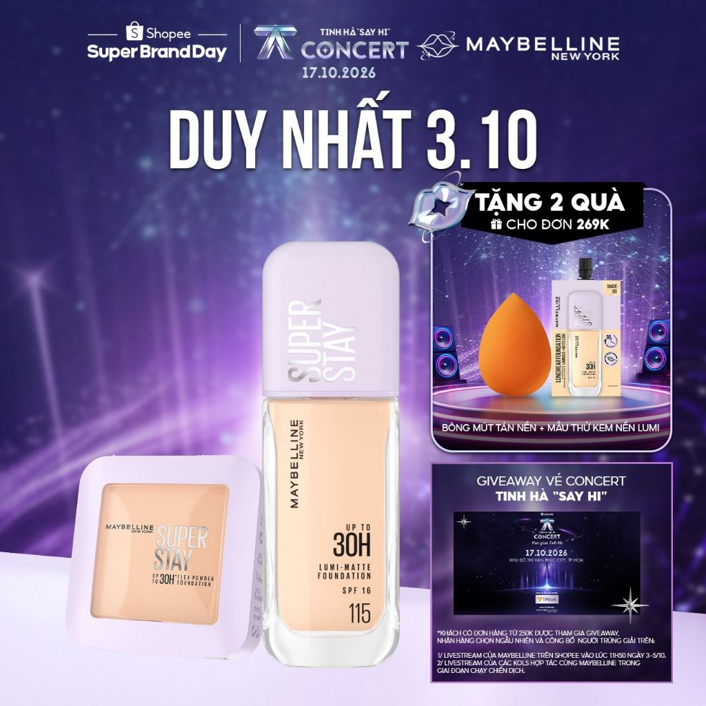 [Bộ trang điểm] Phấn Phủ Nền Linh Hoạt SuperStay 30H Flex Powder 9G và Kem nền Superstay Lumi Matte 