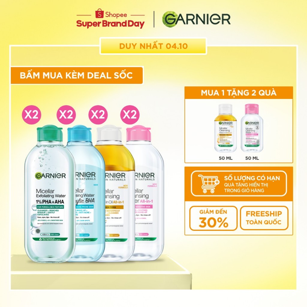 Bộ 2 nước Tẩy Trang làm sạch sâu dịu nhẹ cho mọi loại da (dầu, thường, khô, nhạy cảm) -Garnier Micel