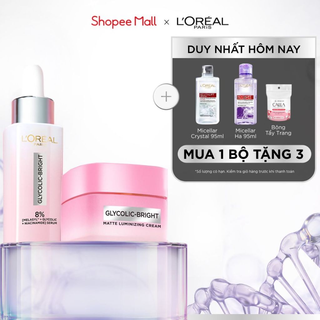 VB Bộ đôi serum & kem dưỡng sáng da đột phá Melasyl mờ thâm mụn, nám L'Oreal Paris Glycolic Bright 30ml, 50ml