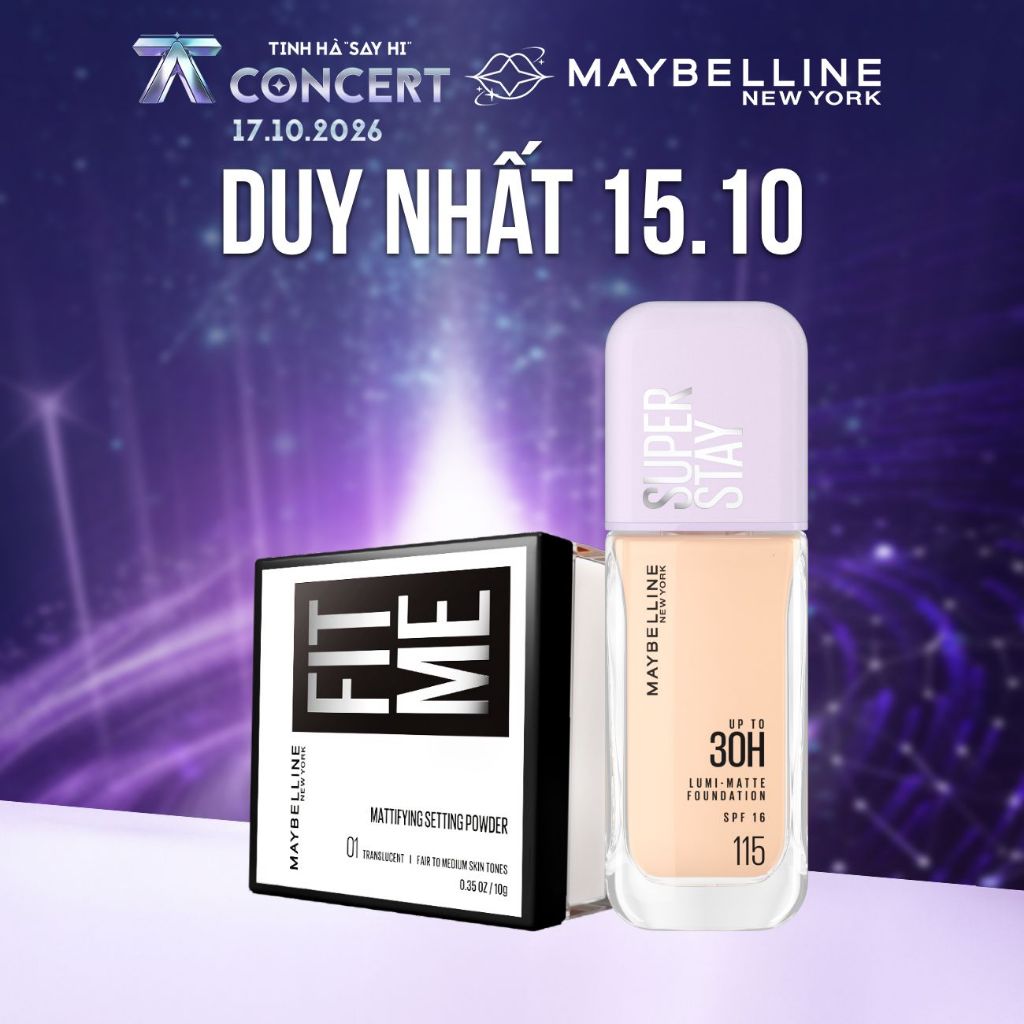 Kem nền bắt sáng Superstay Lumi Matte và Phấn phủ bột Fit Me Mattifying Setting Powder Maybelline NewYork