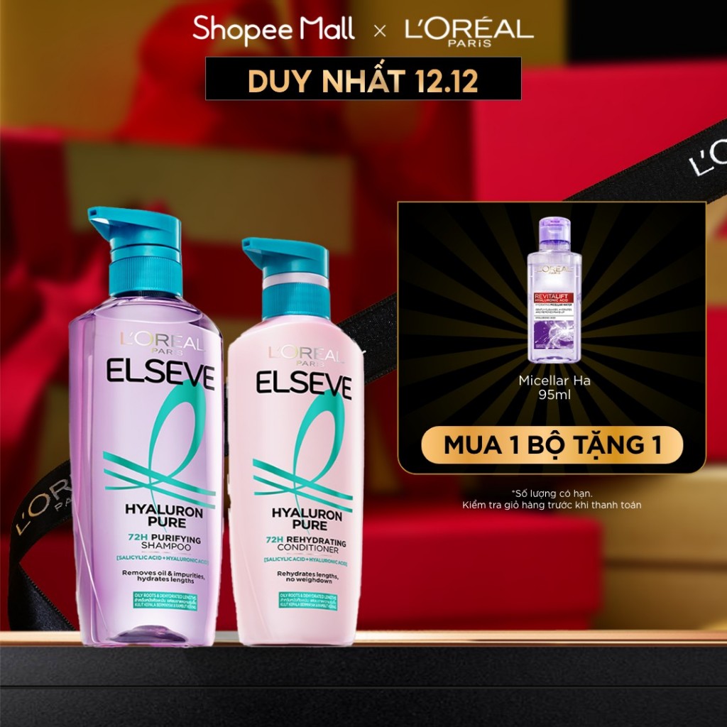  VB_ Bộ gội xả nhẹ bồng mái tóc Elseve 72H HA Pure cho da đầu dầu hoặc Moist cho da đầu khô L'Oreal Paris 620ml & 375ml 