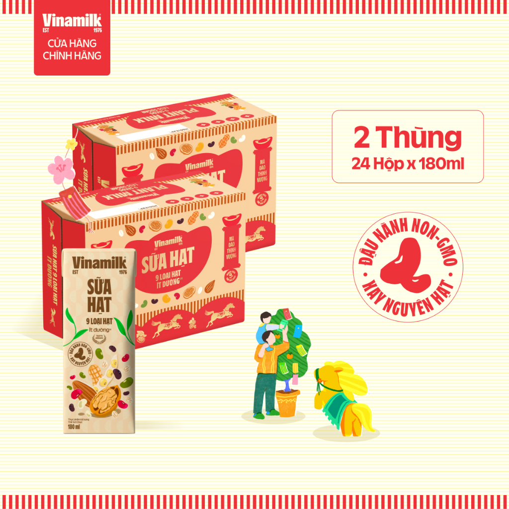 Combo 2 Thùng Sữa hạt 9 loại hạt Vinamilk 180ml ít đường - 24 hộp/thùng|[Có thể nhận bao bì Tết/ Thường]
