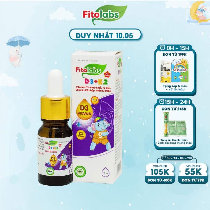 Vitamin D3K2-MK7 Fitolabs Dạng Nhỏ Giọt Dễ Dùng, Giúp Bé Tăng Chiều Cao, Xương Chắc Khỏe Lọ 10ml FITO1
